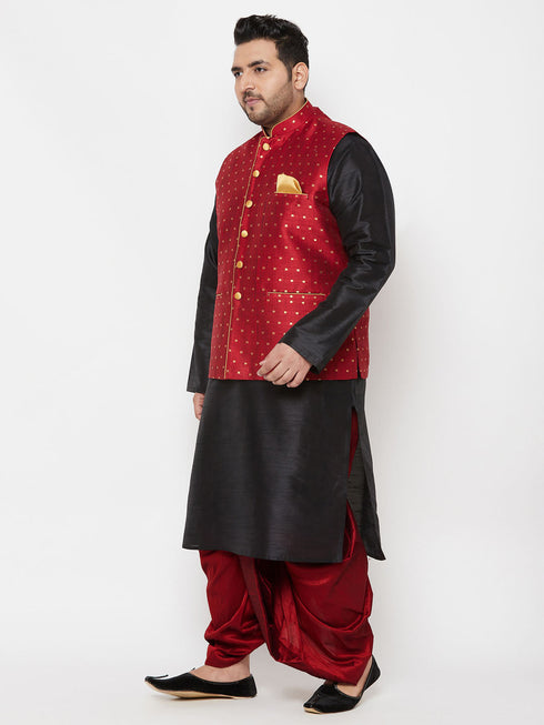 Vastramay PLUS Men's Maroon Zari Weaved Nehru Jacket With Kurta Dhoti set